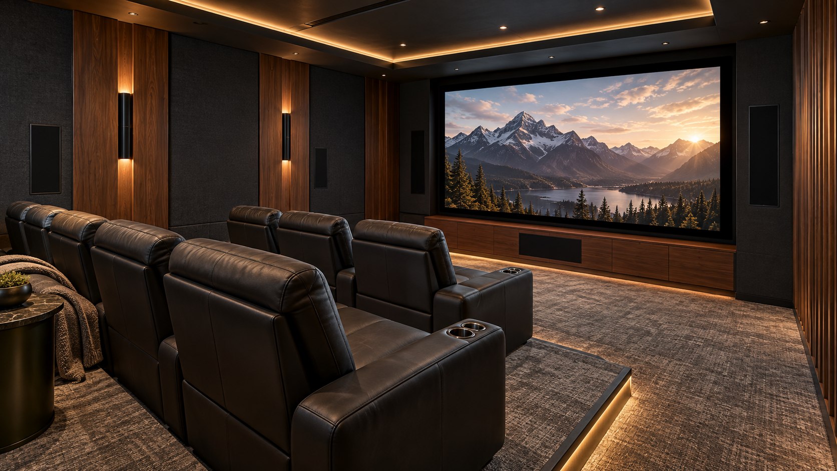 Luxury home theater concept with a large projection screen, leather recliners and warm architectural lighting